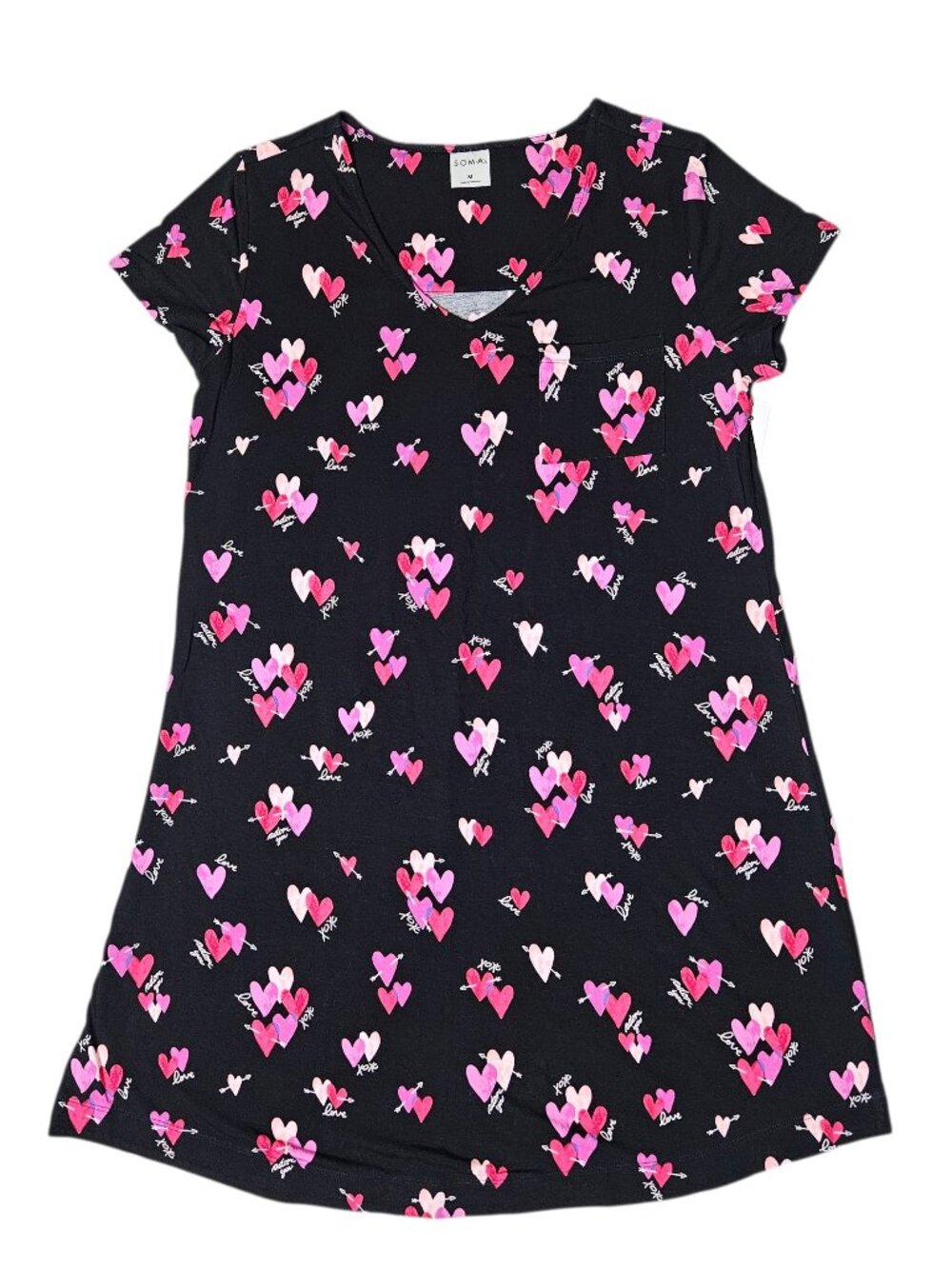 NWT SOMA Cool Nights Short Sleeve V-Neck Sleepshirt M Heart to Miss Black Cozy